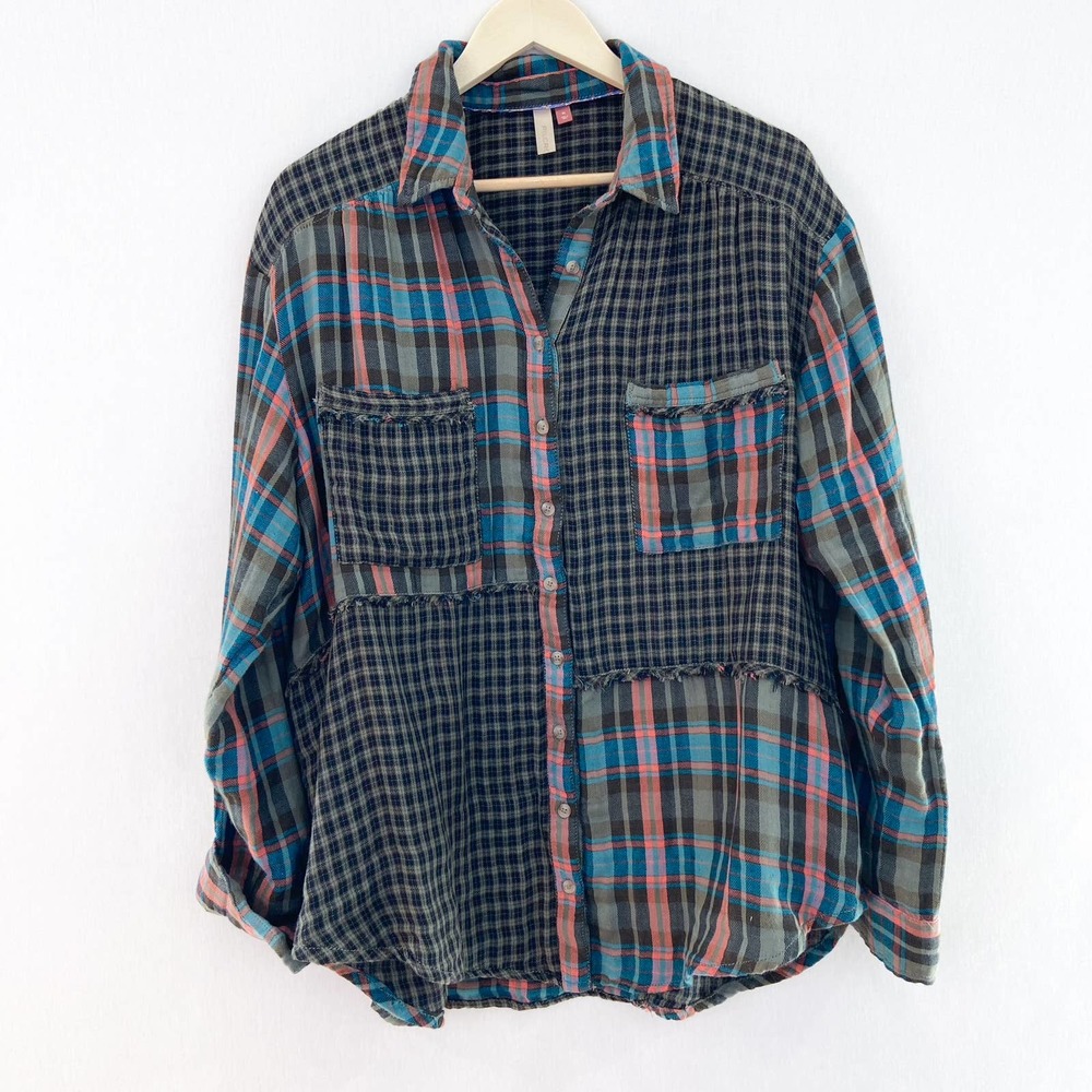 Anthropologie Multicolor Plaid Blouse - Blue, Pink, Green